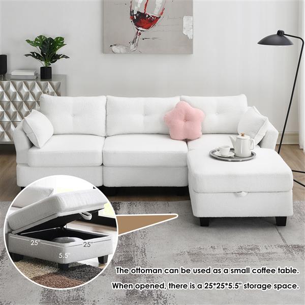 [VIDEO provided] [New] 92*63"Modern Teddy Velvet Sectional Sofa,Charging Ports on Each Side,L-shaped Couch with Storage Ottoman,4 seat Interior Furniture for Living Room, Apartment,3 Colors(3 pillows)