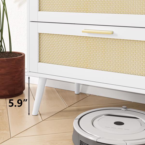 white Rattan 6 Drawers Chest of Dressers for Bedroom Modern 6 Drawer Dresser, Wide Chest of Drawers with Gold Handles, Rattan Dresser Storage Cabinet for Living Room, Bedroom, Hallway 