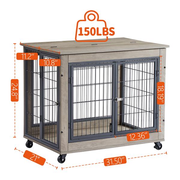 Furniture Dog Cage Crate with Double Doors on Casters. Grey, 31.50'' W x 22.05'' D x 24.8'' H.