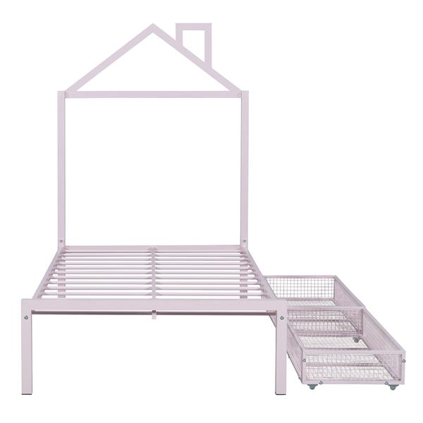 Twin Size Metal Platform Bed with two drawers,House-Shaped Headboard Design, Pink