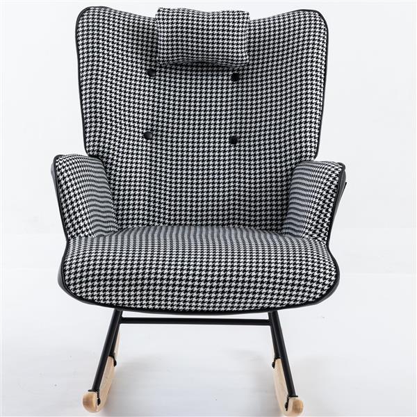 35.5 inch Rocking Chair, Soft Houndstooth Fabric Leather Fabric Rocking Chair for Nursery, Comfy Wingback Glider Rocker with Safe Solid Wood Base for Living Room Bedroom Balcony (black)