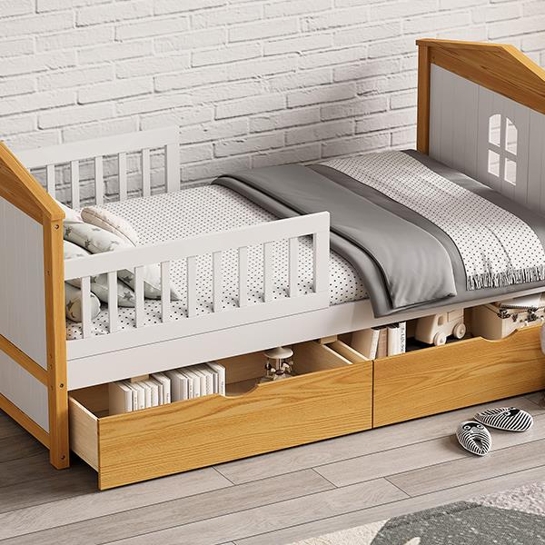 Twin Size House Shape Bed with  Two Drawers Wooden Bed for Girls Boys Teens, No Box Spring Needed, Walnut and White