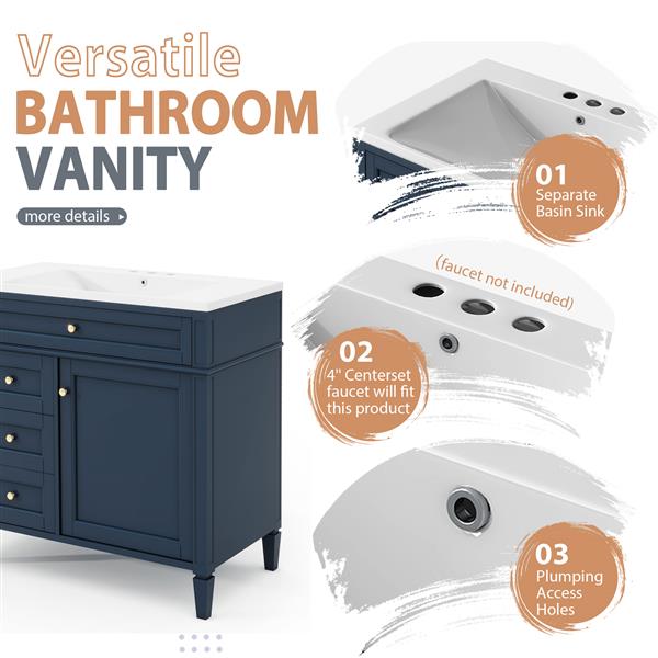 36'' Bathroom Vanity with  Medicine Cabinet, Royal Blue Mirror Cabinet, Modern Bathroom Storage Cabinet with 2 Soft Closing Doors and 4 Drawers, Single Sink Bathroom Vanity