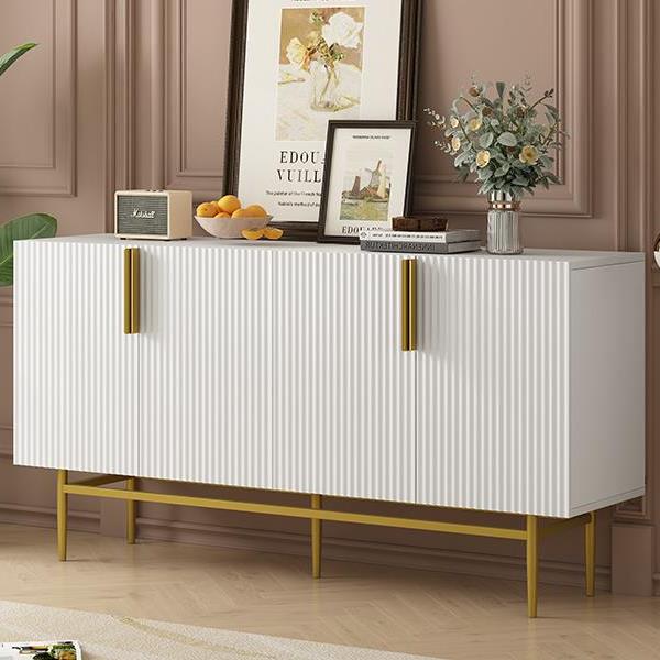 Modern Elegant 4-door Sideboard Gold Metal Handle Buffet Cabinet for Dining Room, Living Room, Bedroom, Hallway (White)