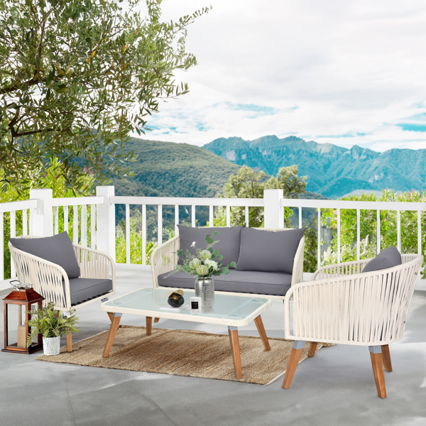 4 Piece Patio Furniture Set, Outdoor Acacia Wood Conversation Set, All-Weather Rope Sofa Set with Coffee Table, Loveseat, Modern Deep Seating Set for Lawn Balcony Poolside, White Rope & Grey Cushion