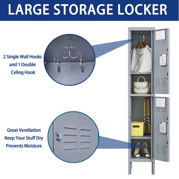 2 Door 66"H Metal Lockers With Lock for Employees,Storage Locker Cabinet for Home Gym Office School Garage,Gray