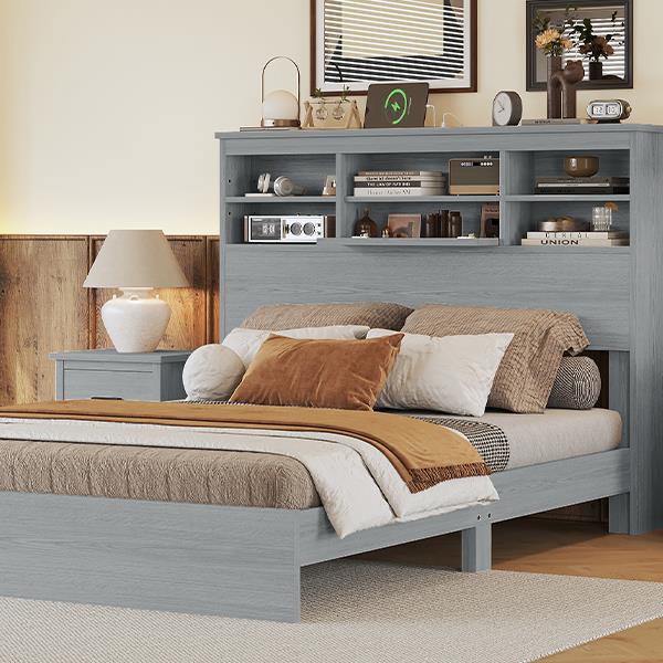 Queen Size Vintage Platform Bed,With Storage Headboard and Charging Station, Light Gray