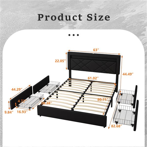 Queen Size Bed Frame with LED Lights, USB Charging Station, Black Textured Paint Bed Frame, Four Bottom Drawers for Stable Storage and Assembly, Black