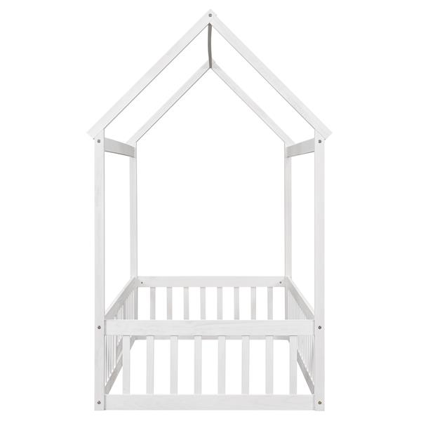 Twin Size Wood House Bed with Fence and Door, White Wash