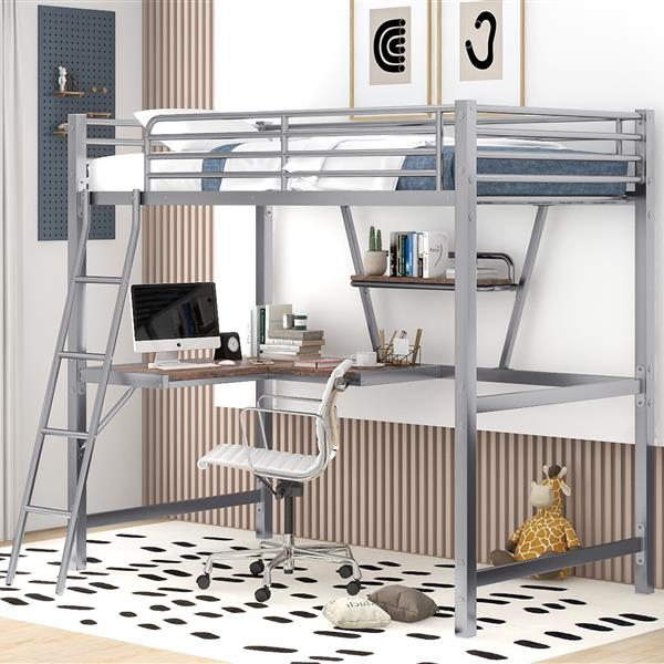 Twin Size Loft Metal&MDF Bed with Desk and Shelf, Silver