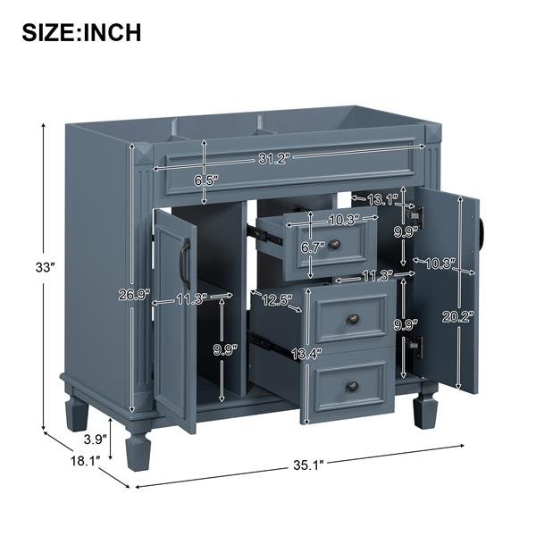 36'' Bathroom Vanity without Top Sink, Royal Blue Cabinet only, Modern Bathroom Storage Cabinet with 2 Soft Closing Doors and 2 Drawers(NOT INCLUDE BASIN SINK)