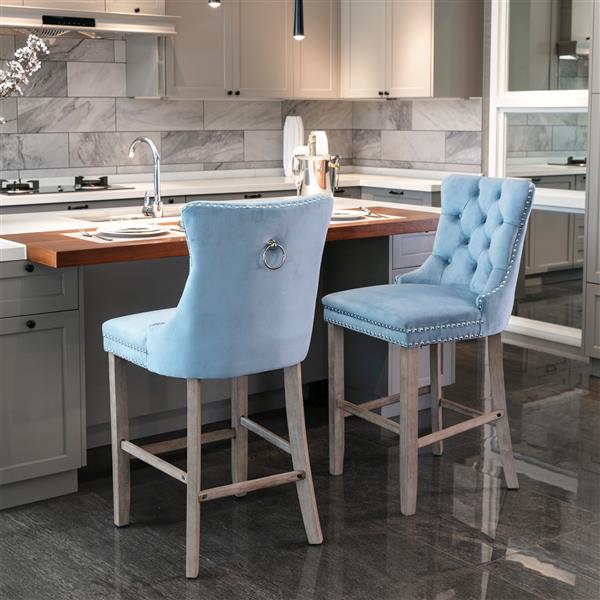 Contemporary Velvet Upholstered Barstools with Button Tufted Decoration and Wooden Legs, and Chrome Nailhead Trim, Leisure Style Bar Chairs,Bar stools, Set of 2 (Light Blue),SW2002LB