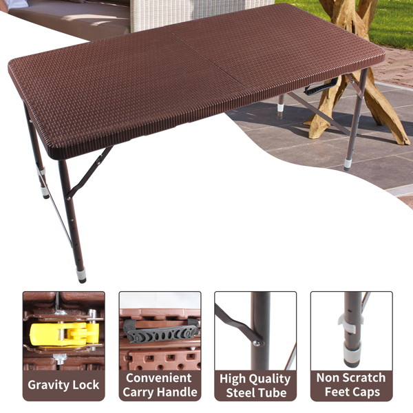 4ft Rattan Folding Table for Indoor&Outdoor, Portable Foldable Table Rattan Plaited Brown 