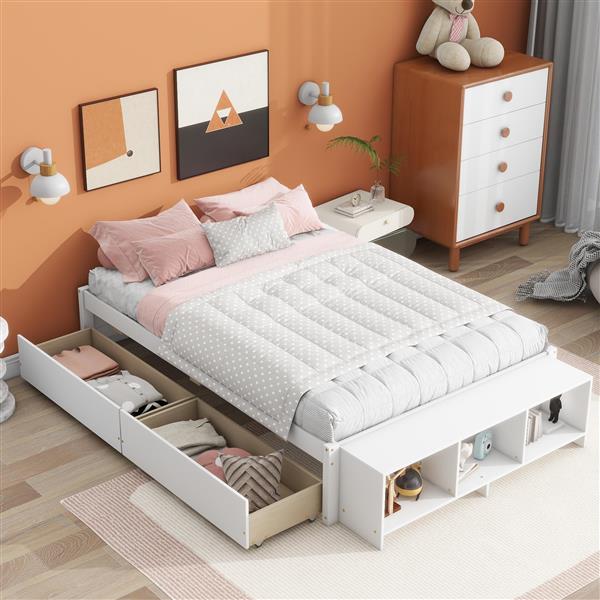 Full Size Bed with Storage Case, 2 Storage drawers, Lengthwise Support Slat,White