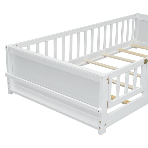 Twin size Floor Platform Bed with Built-in Book Storage Rack, Door,White