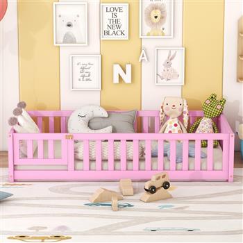 Twin Size Bed Floor Bed with Safety Guardrails and Door for Kids, Pink