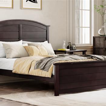 Farmhouse Wooden Platform Full Size Bed with Curl Design Headboard and Footboard for Teenager, Espresso