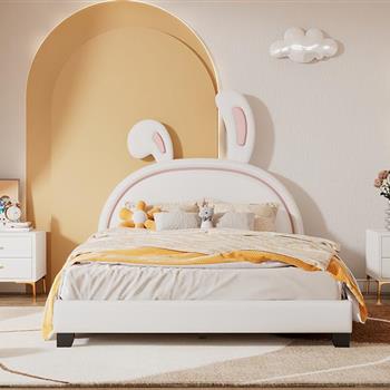 Full Size Upholstered Leather Platform Bed with Rabbit Ornament, White