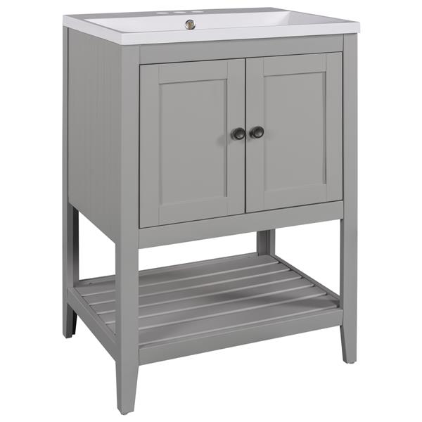 [VIDEO] 24" Grey Modern Sleek Bathroom Vanity Elegant Ceramic Sink with Solid Wood Frame Open Style Shelf