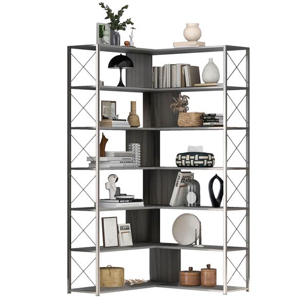 Silver+Grey 7-Tier Bookcase Home Office Bookshelf,  L-Shaped Corner Bookcase with Metal Frame, Industrial Style Shelf with Open Storage, MDF Board