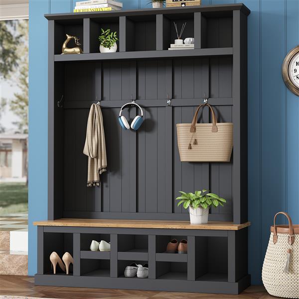 Farmhouse Wooden Style 78''H Modern Hall Tree with Wide Storage Seating Bench, Entryway Shoe Cabinet with 13 Compartments, Elegant Coat Rack with 6 Hooks for Mudroom, Living room, Black