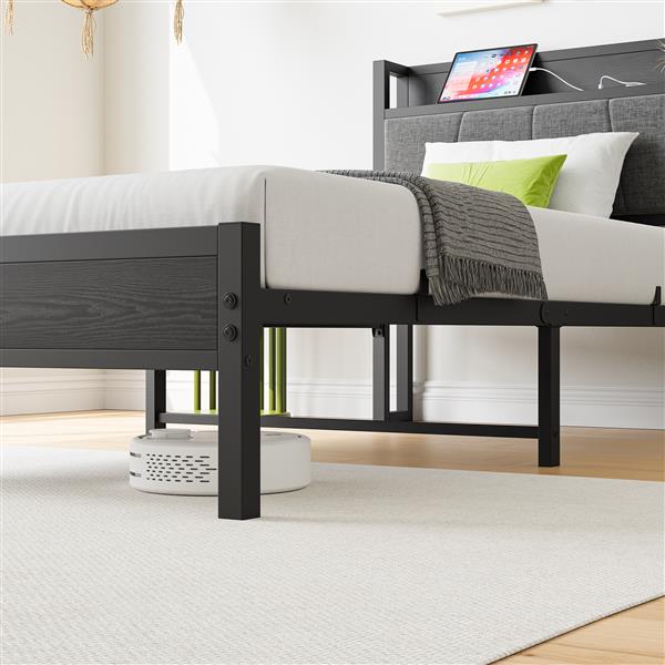 Twin Size Bed Frame, Storage Headboard with Charging Station, Solid and Stable, Noise Free, No Box Spring Needed, Easy Assembly