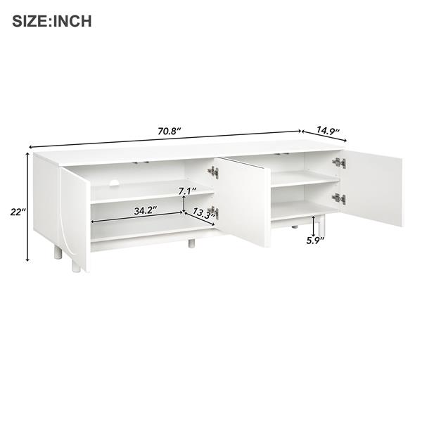 Graceful TV Stand with Arch Cabinets for TVs Up to 78'', Minimalist Entertainment Center with Solid Wood Legs, Practical Media Console with Adjustable Shelves for Living Room, White