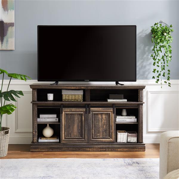 Media Console Table with Storage Cabinet, Mid Century style Entertainment TV Table, Multipurpose Sliding Door TV Cabinet  Large Storage Space, 58.11"W*15.79"D*32.36"H Antique brown