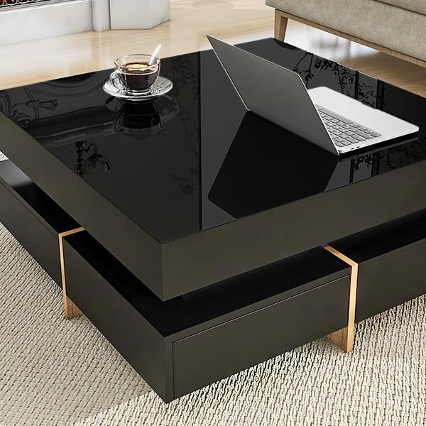 Modern High Gloss Coffee Table with 4 Drawers, Multi-Storage Square Cocktail Tea Table with Wood Grain Legs, Center Table for Living Room, 31.5''x31.5'', Black