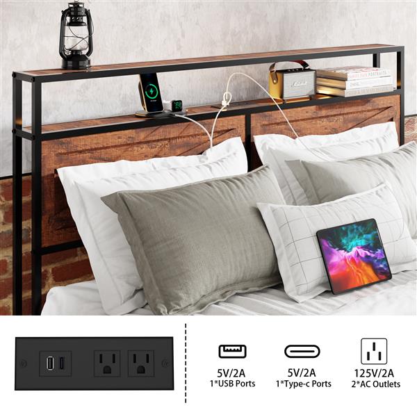 Queen Bed Frame with Storage Headboard and 12 Drawers LED Lights, Metal Platform Non-Slip Without Noise Mattress Foundation Strong Metal Slats Support,No Box Spring Needed