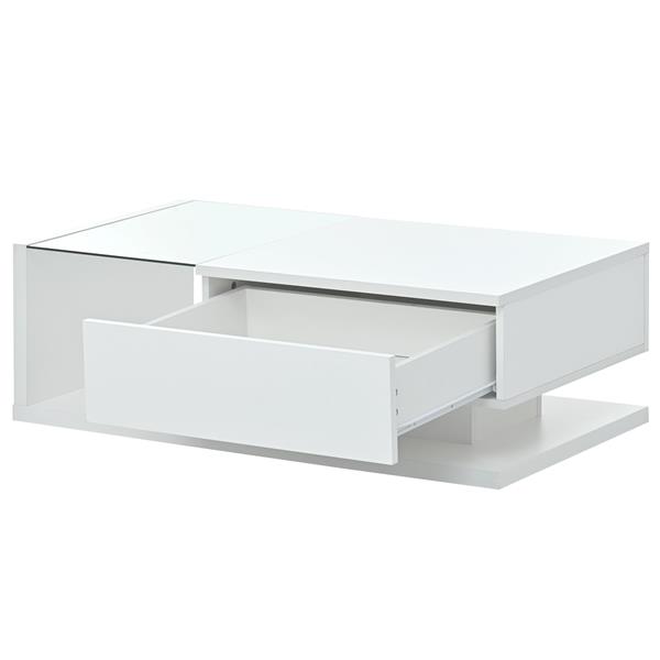 [VIDEO provided] Modern Coffee Table with Tempered Glass, Wooden Cocktail Table with High-gloss UV Surface, Modernist 2-Tier Rectangle Center Table for Living Room, White