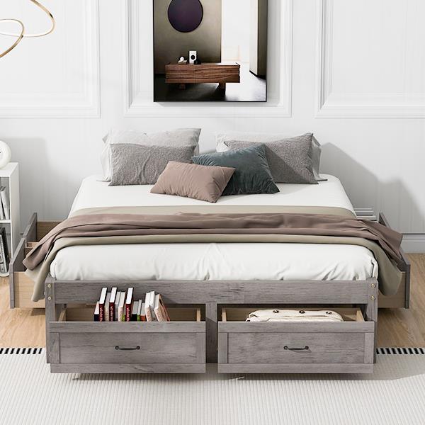 Queen Size Platform Bed with 6 Storage Drawers,Antique Gray