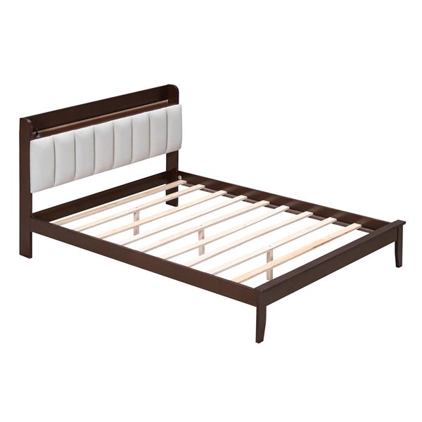 Full size Platform Bed with USB Charging Station and Storage Upholstered Headboard,LED Bed Frame,No Box Spring Needed,Walnut+Beige