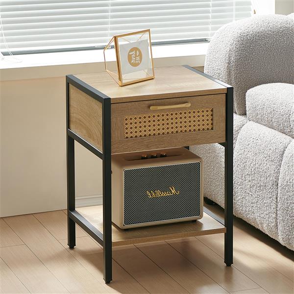 Set of 2, 15.74" Rattan End table with  drawer, Modern nightstand, metal legs,side table for living room, bedroom,natural