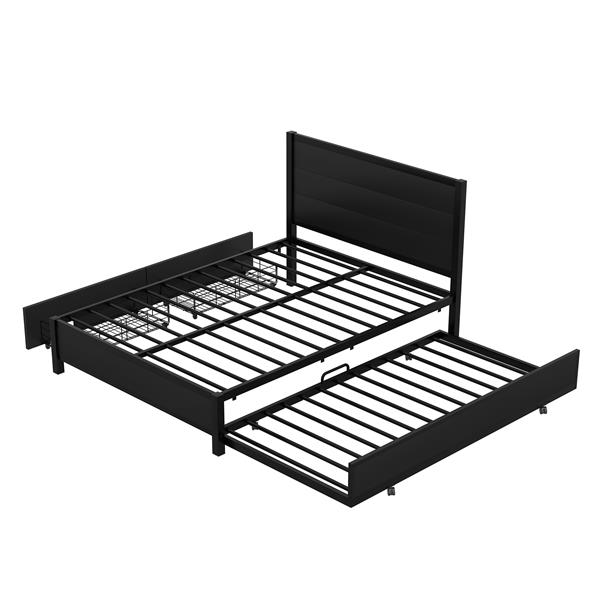 Metal Full Size Storage Platform Bed with Twin Size Trundle and 2 Drawers, Black