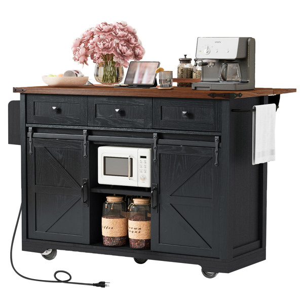 53.7" Farmhouse Kitchen Island with Power Outlet, 2 Sliding Barn Door Kitchen Storage Island with Drop Leaf, Spice Rack Rolling Kitchen Cart on Wheels, for Home, Kitchen and Dining Room, Black