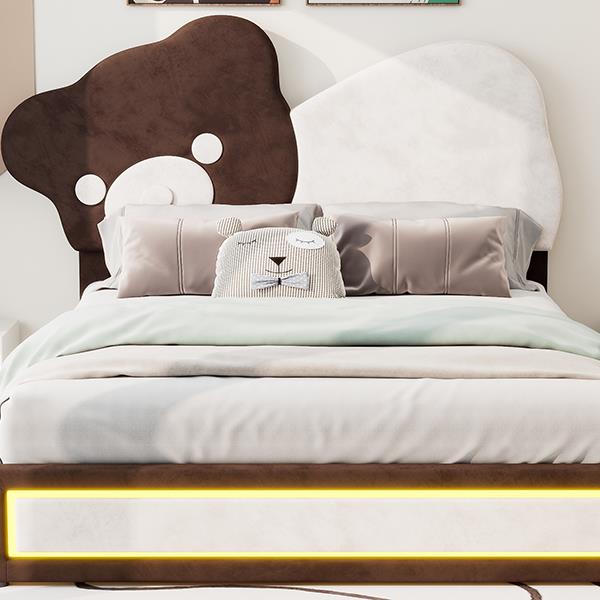 Full Size Upholstered Platform Bed with Bear Shaped Headboard, LED Light Strips, White + Brown