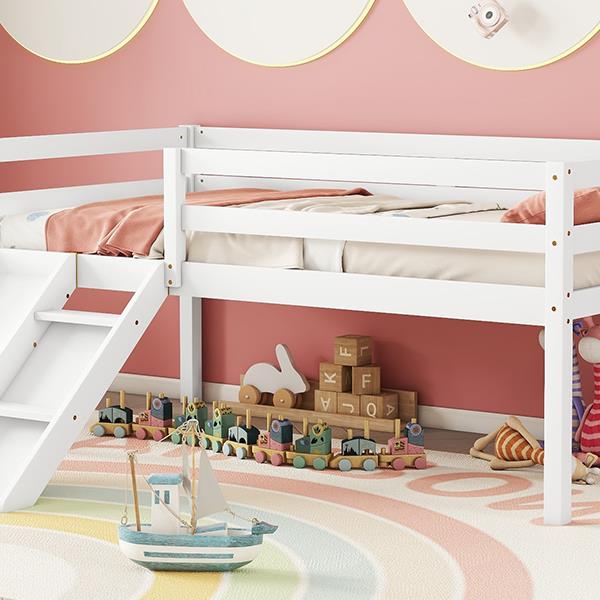 Twin Low Loft Bed with Slide,  Ladder, Safety Guardrails, No Box Spring Needed,White