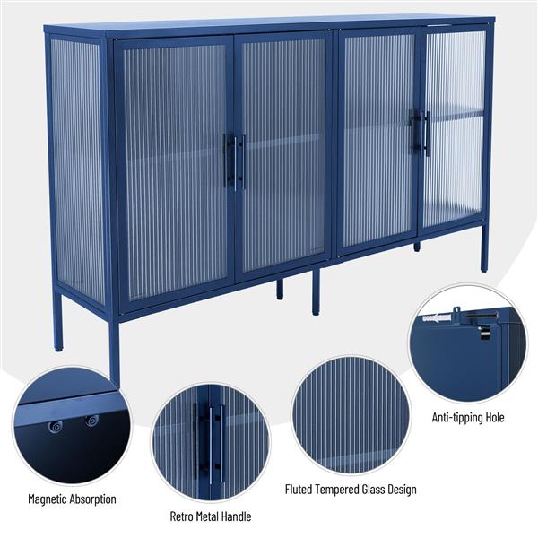 Stylish 4-Door Tempered Glass Cabinet with 4 Glass Doors Adjustable Shelf and Feet Anti-Tip Dust-free Fluted Glass Kitchen Credenza Blue