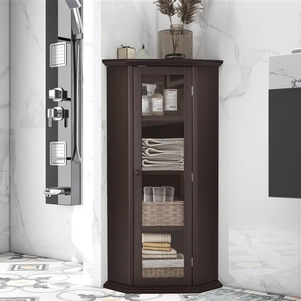 Freestanding Bathroom Cabinet with Glass Door, Corner Storage Cabinet for Bathroom, Living Room and Kitchen, MDF Board with Painted Finish, Brown