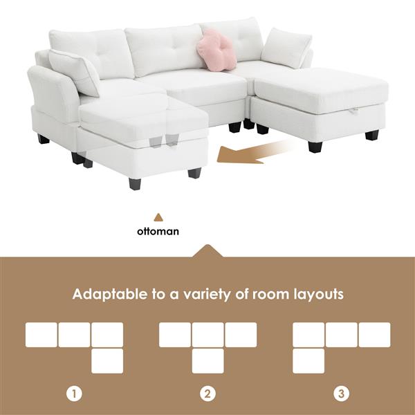 [VIDEO provided] [New] 92*63"Modern Teddy Velvet Sectional Sofa,Charging Ports on Each Side,L-shaped Couch with Storage Ottoman,4 seat Interior Furniture for Living Room, Apartment,3 Colors(3 pillows)