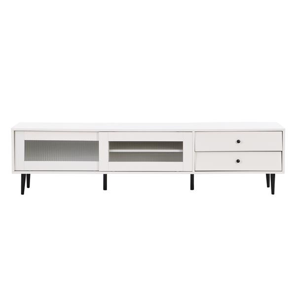 Chic Elegant Design TV Stand with Sliding Fluted Glass Doors, Slanted Drawers Media Console for TVs Up to 75", Modern TV Cabinet with Ample Storage Space, White