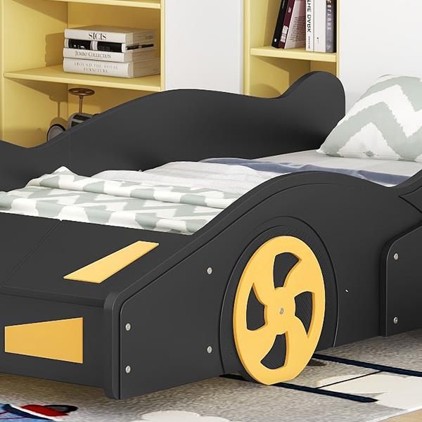 Twin Size Race Car-Shaped Platform Bed with Wheels and Storage, Black+Yellow