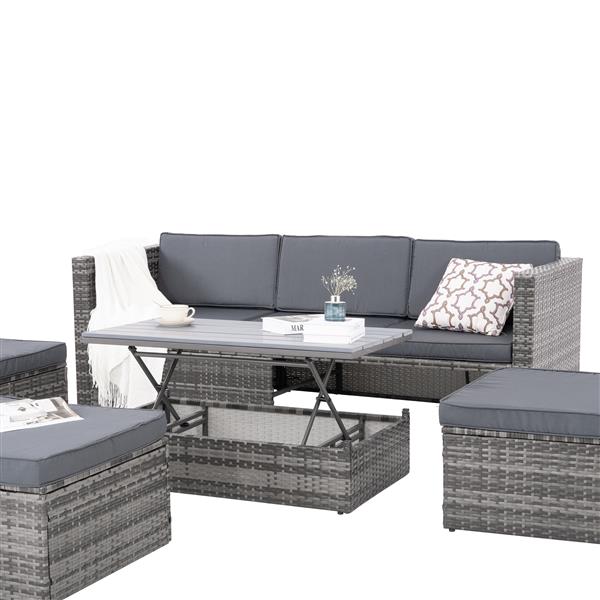 Patio Furniture, Outdoor Furniture, Seasonal PE Wicker Furniture,5 Set Wicker Furniture With Plywood Coffee Table,with lift TOP Coffee Table,with Lounger Sofa