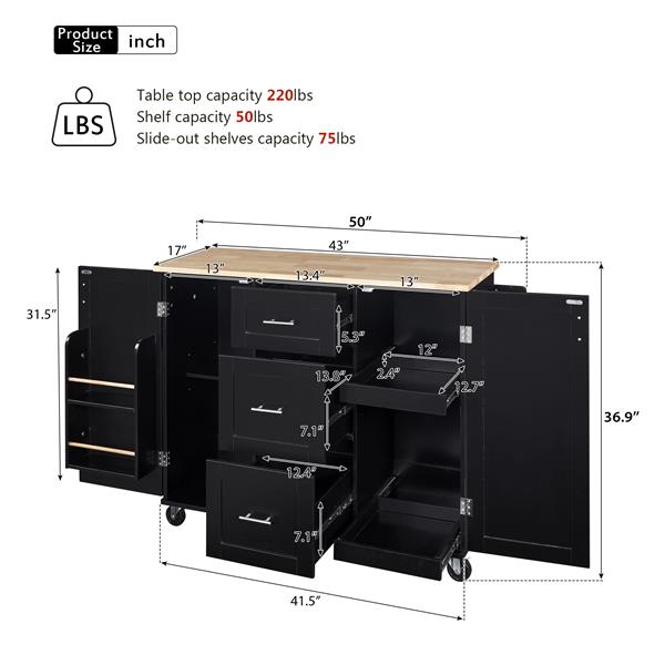 K&K Rolling Kitchen Island with Storage, Kitchen Cart with Rubber Wood Top, 3 Drawer, 2 Slide-Out Shelf and Internal Storage Rack, Kitchen Island on Wheels with Spice Rack & Tower Rack, Black