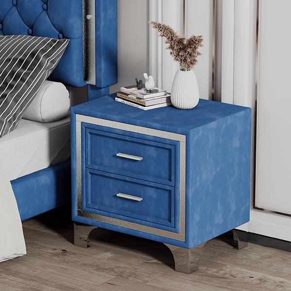 2-Drawer Nightstand with Metal Legs for Bedroom, Mid Century Nightstand Fully Assembled Except Legs and Handles,Velvet Bedside Table-Blue