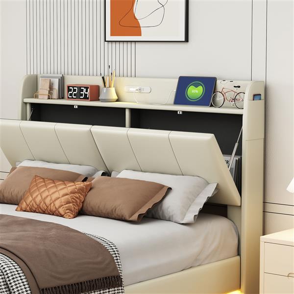 Queen Size Floating Bed Frame with Storage Headboard, Modern Upholstered Platform Bed with Touch Sensor Night Light and USB Charger, Beige