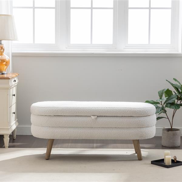 036-Boucle Fabric Storage Bench Bedroom Bench With Wood Legs For Living Room Bedroom Indoor,Ivory