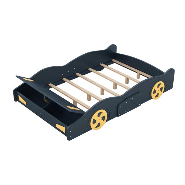 Full Size Race Car-Shaped Platform Bed with Wheels and Storage, Dark Blue+Yellow