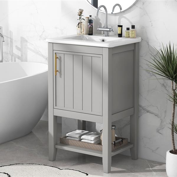 20" Bathroom Vanity with Sink, Bathroom Cabinet with Soft Closing Door, Storage Rack and Open Shelf, Grey